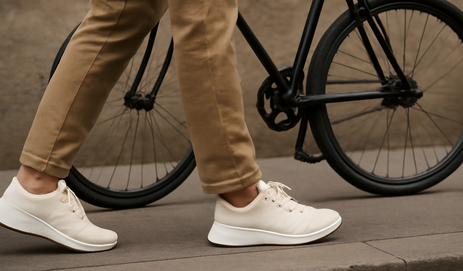 personne marchant en baskets près d'un vélo