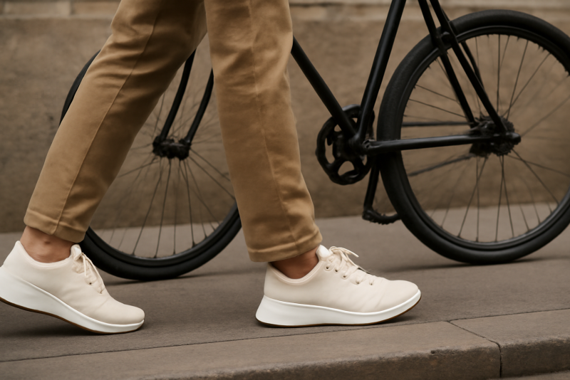 personne marchant en baskets près d'un vélo