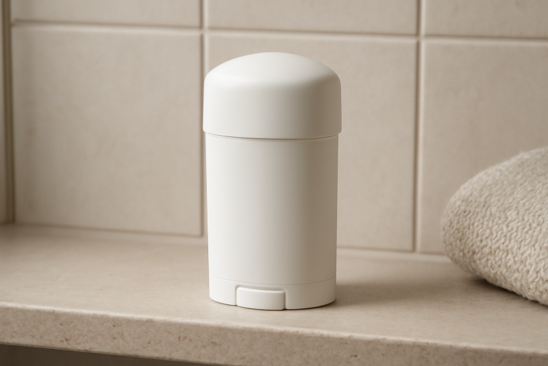 tube de deodorant posé sur étagère salle de bain