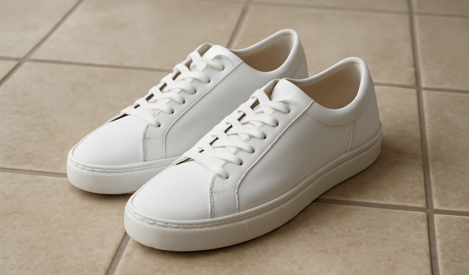 paire de baskets blanches sur sol carrelage