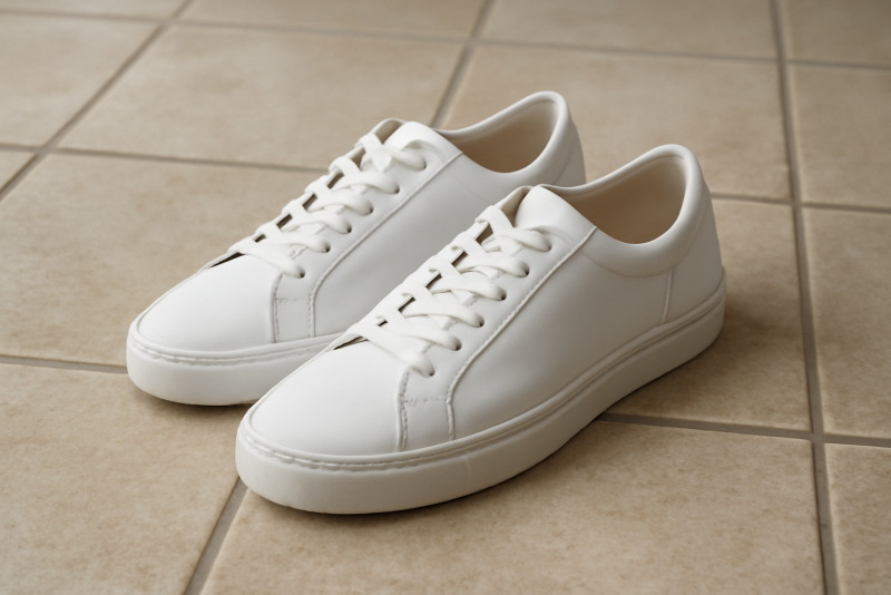 paire de baskets blanches sur sol carrelage