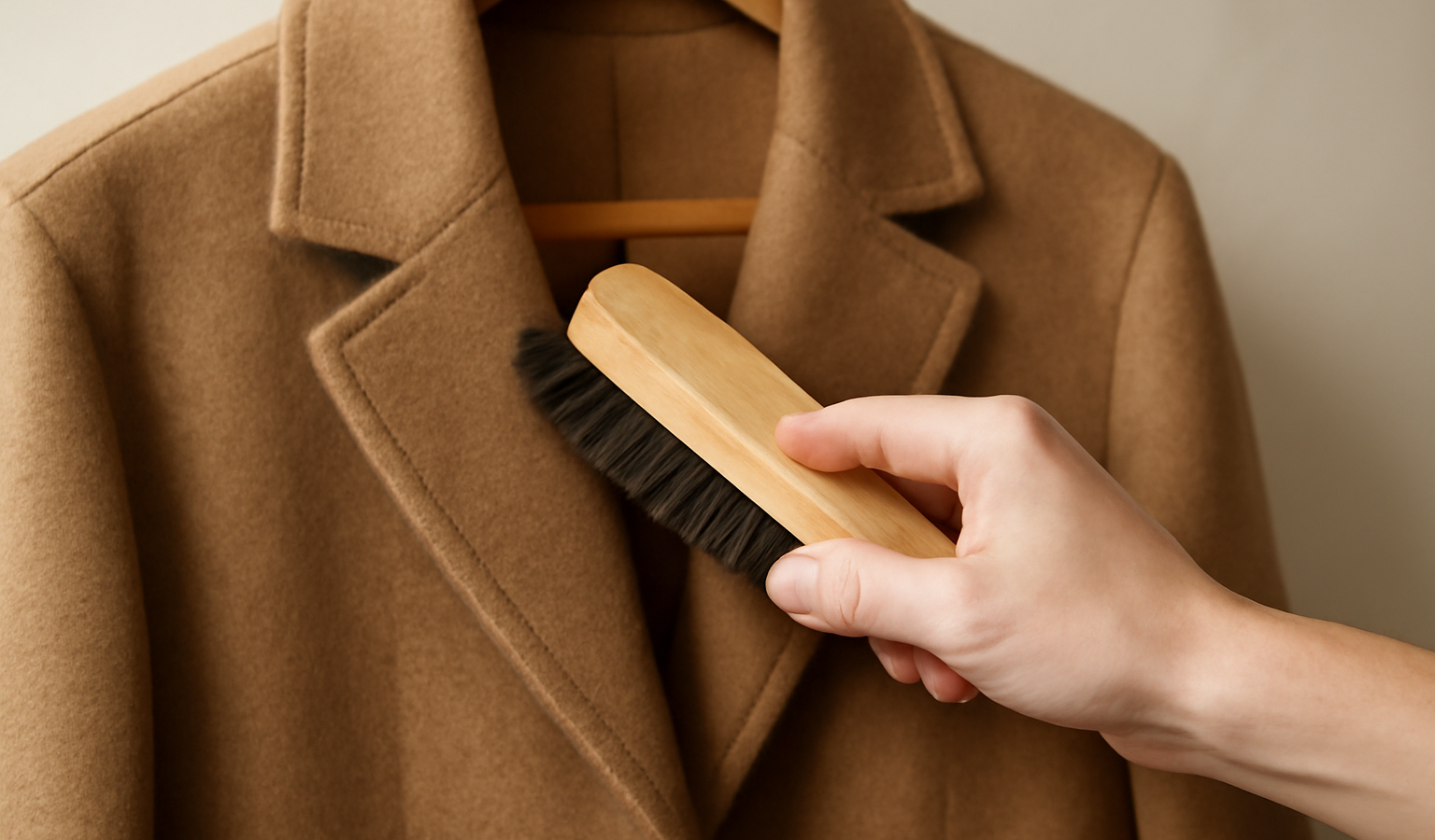 main brossant un manteau en laine suspendu