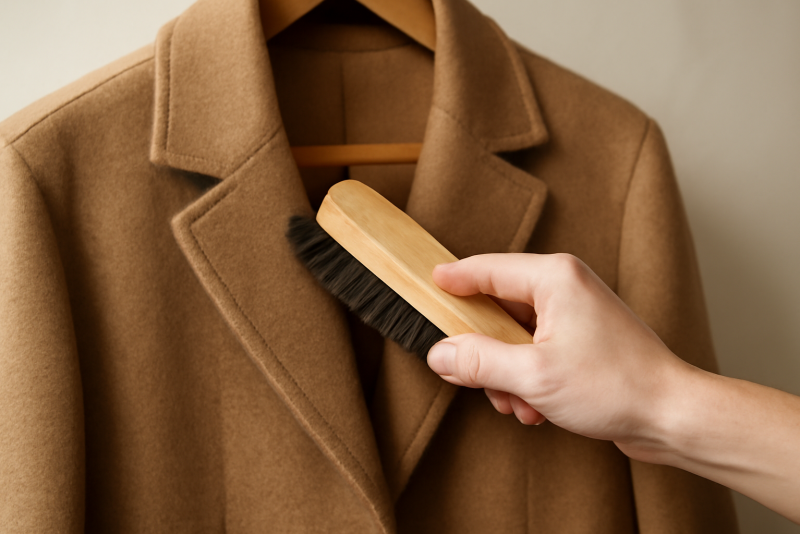 main brossant un manteau en laine suspendu