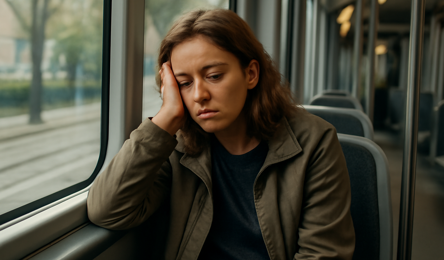 personne assise dans tramway l'air fatigué