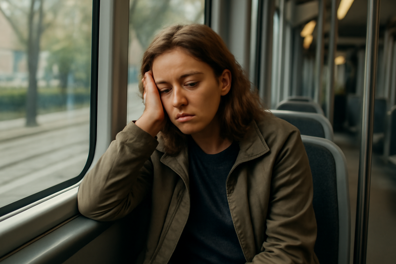 personne assise dans tramway l'air fatigué