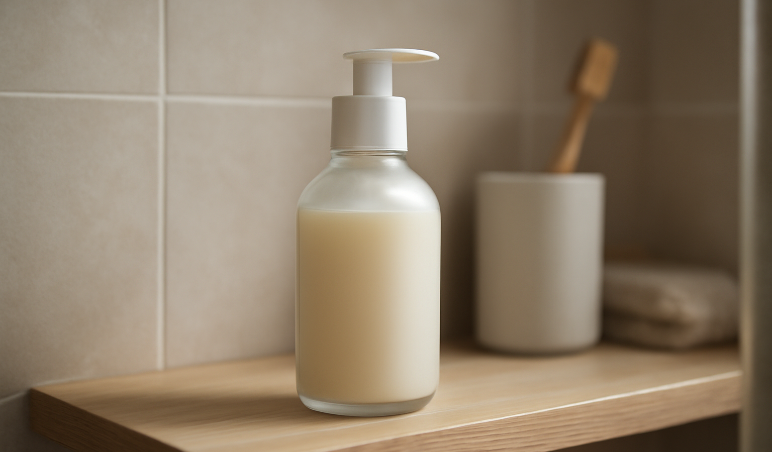 flacon de soin posé sur étagère de salle de bain