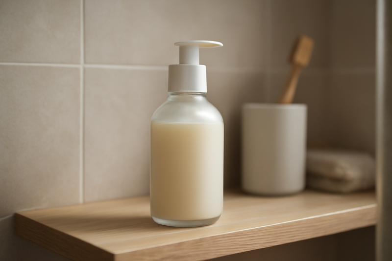 flacon de soin posé sur étagère de salle de bain