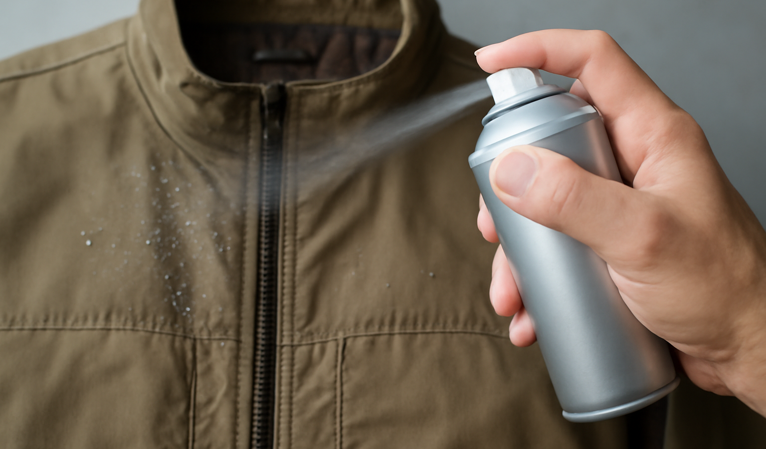 spray imperméabilisant tenu au-dessus d'un blouson