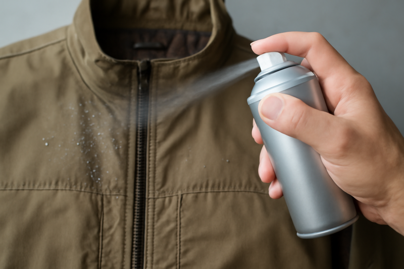 spray imperméabilisant tenu au-dessus d'un blouson