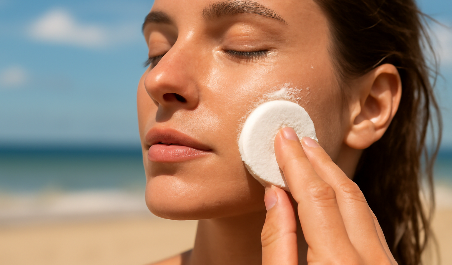 main appliquant poudre sur visage en été