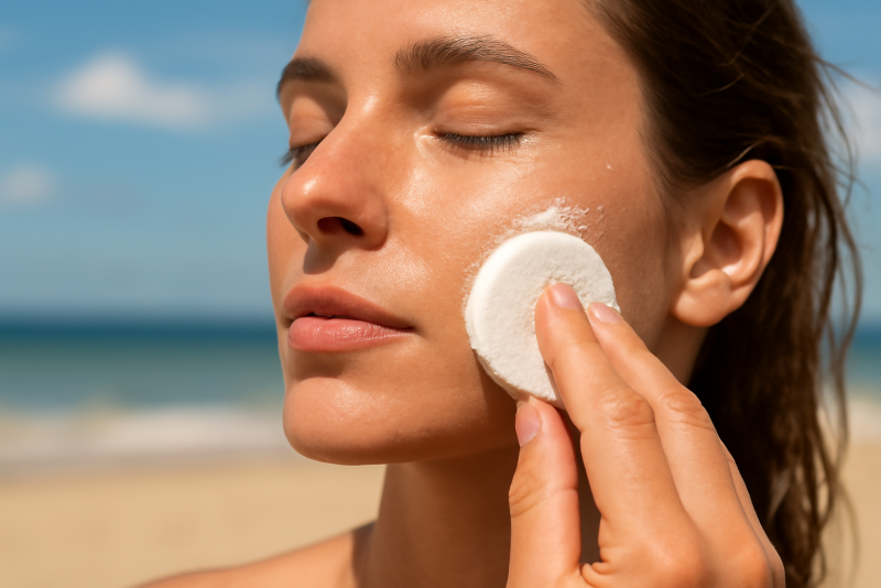 main appliquant poudre sur visage en été
