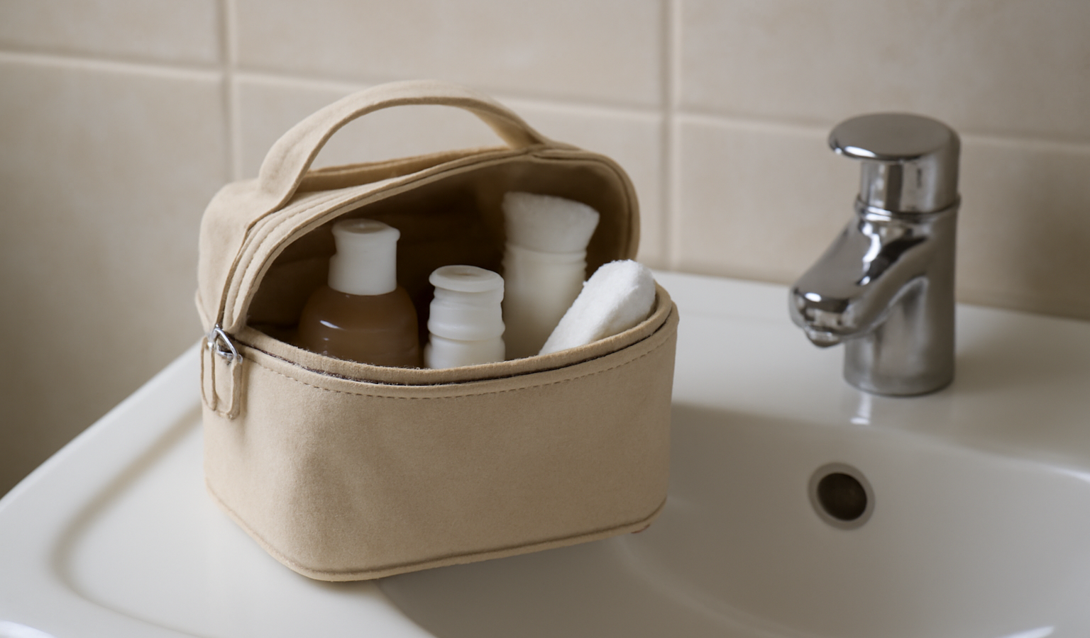 mini trousse de soins posée sur lavabo