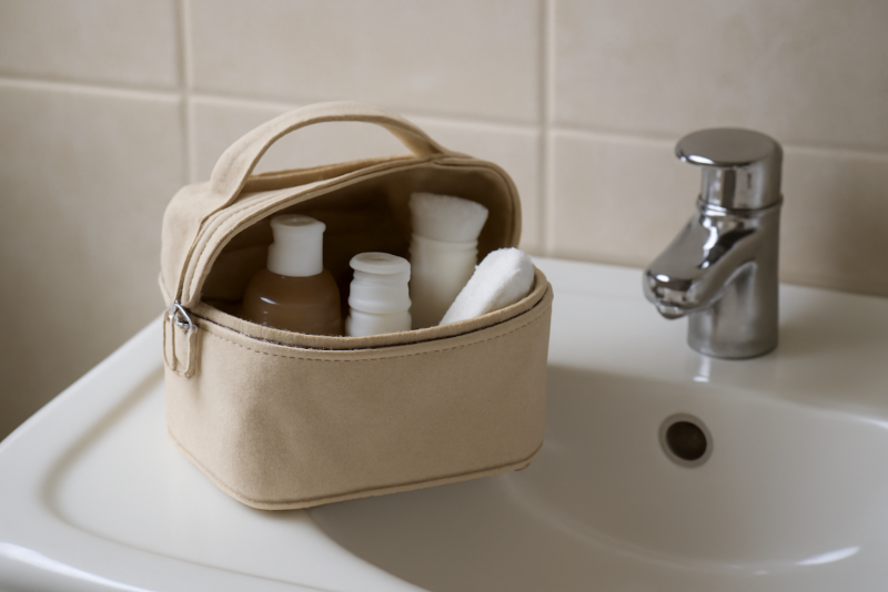 mini trousse de soins posée sur lavabo