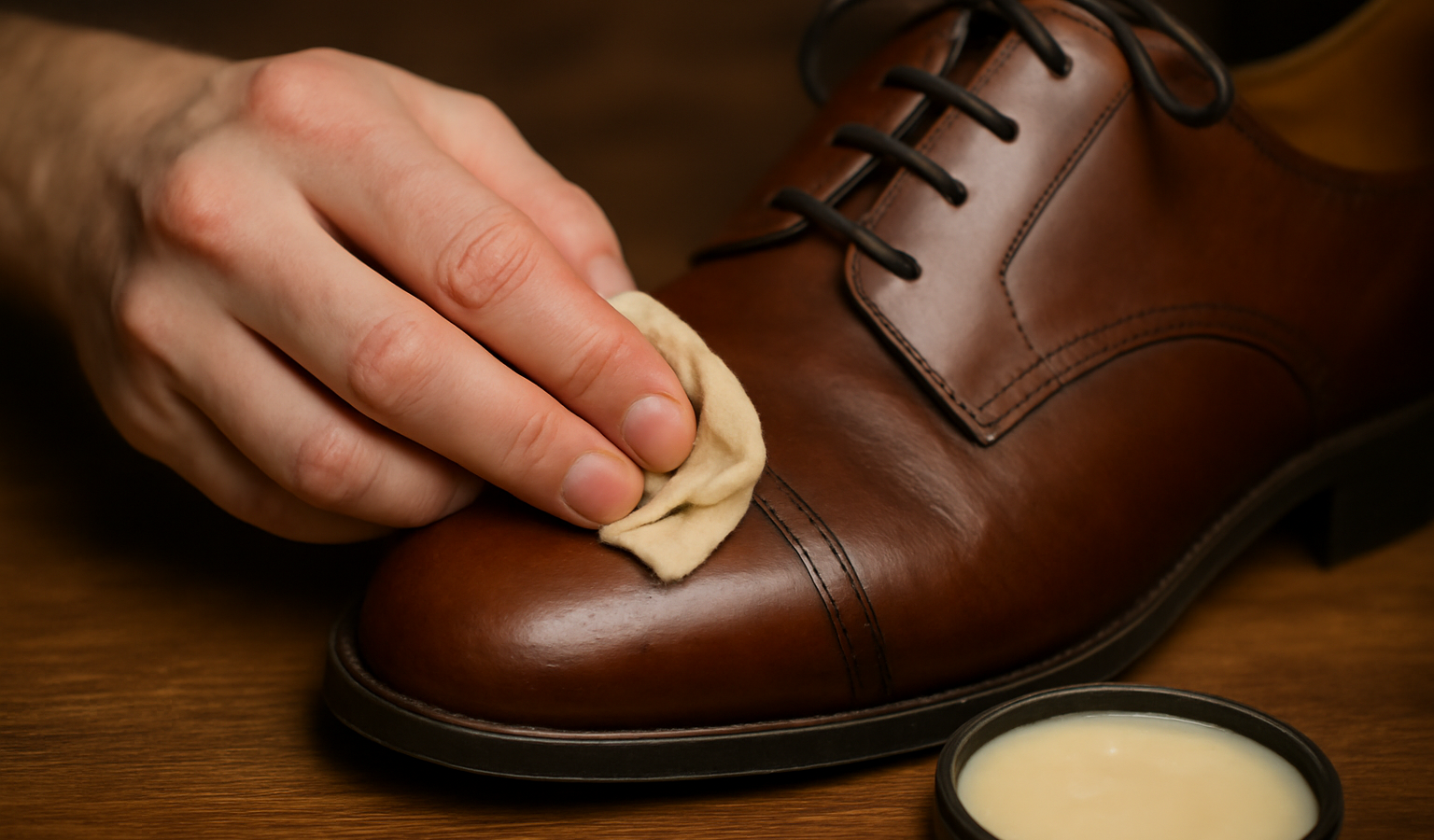 mains appliquant cire sur chaussure en cuir