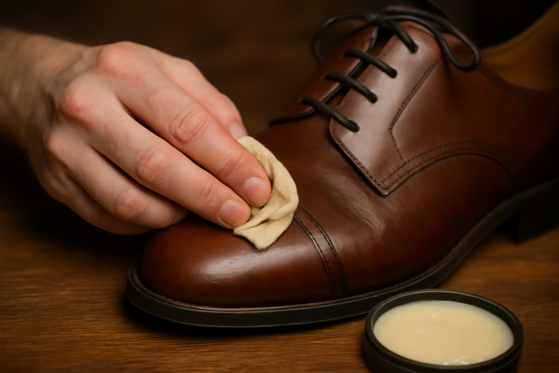 mains appliquant cire sur chaussure en cuir