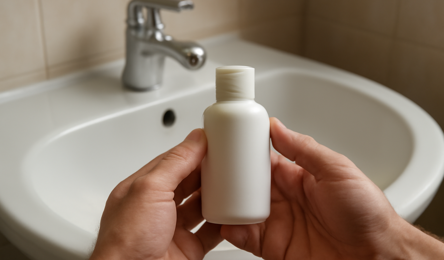 mains tenant flacon sans marque près lavabo