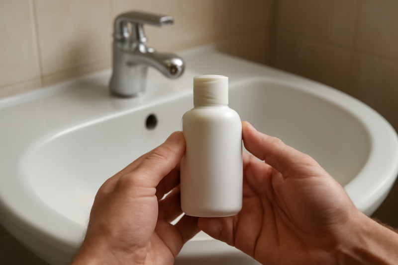 mains tenant flacon sans marque près lavabo
