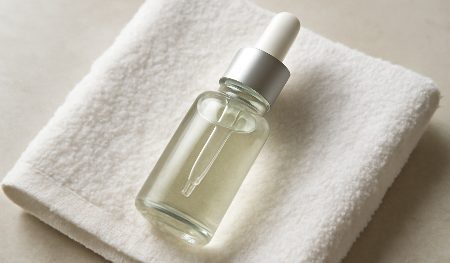 flacon de sérum posé sur une serviette