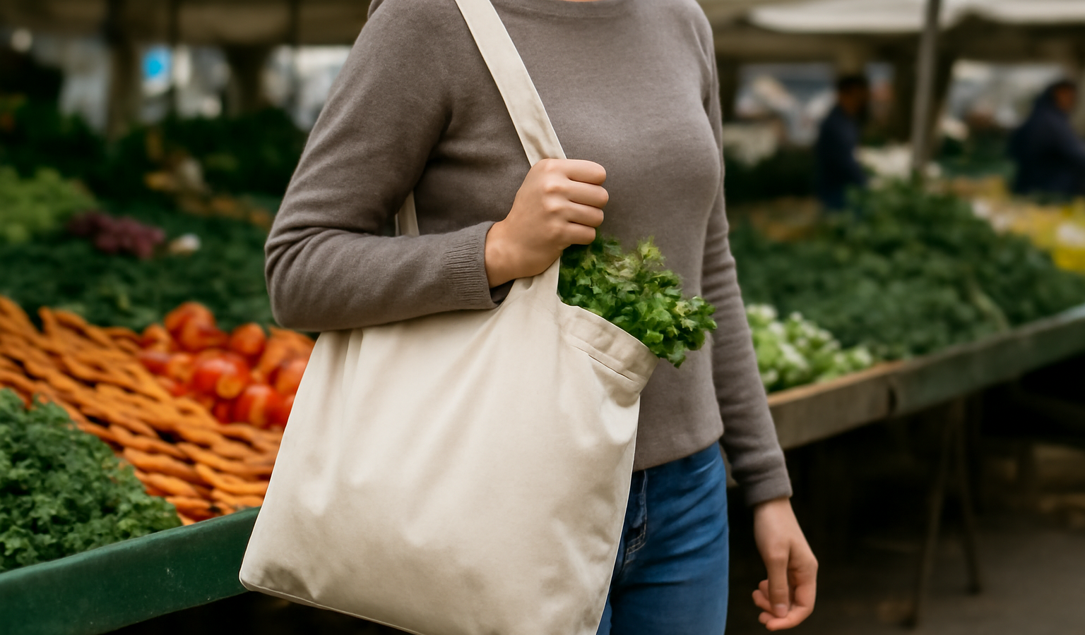 personne utilisant un sac réutilisable au marché