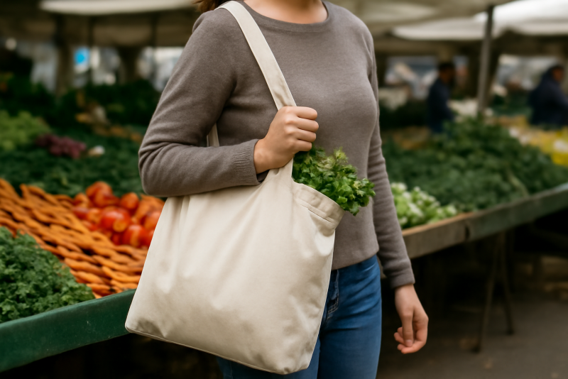 personne utilisant un sac réutilisable au marché