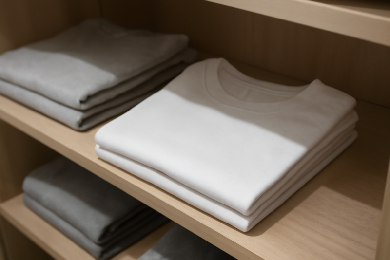 tshirt basique plié sur etagere en boutique