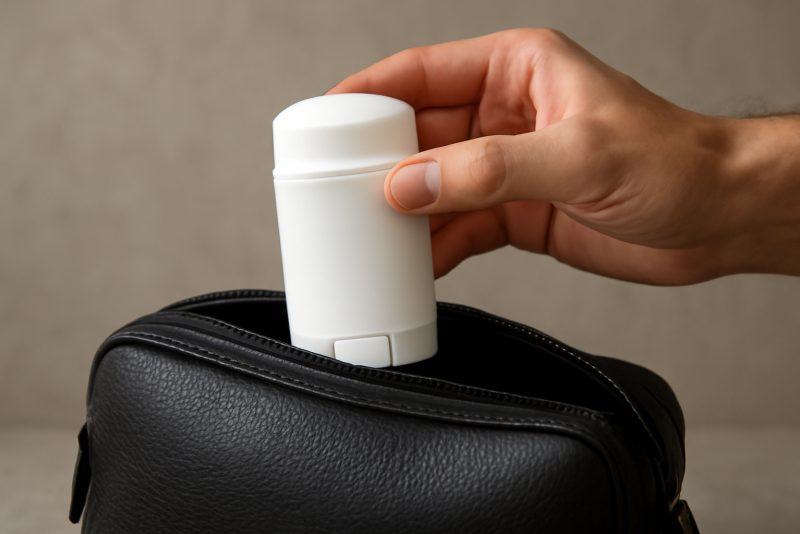main tenant stick deodorisant dans sac
