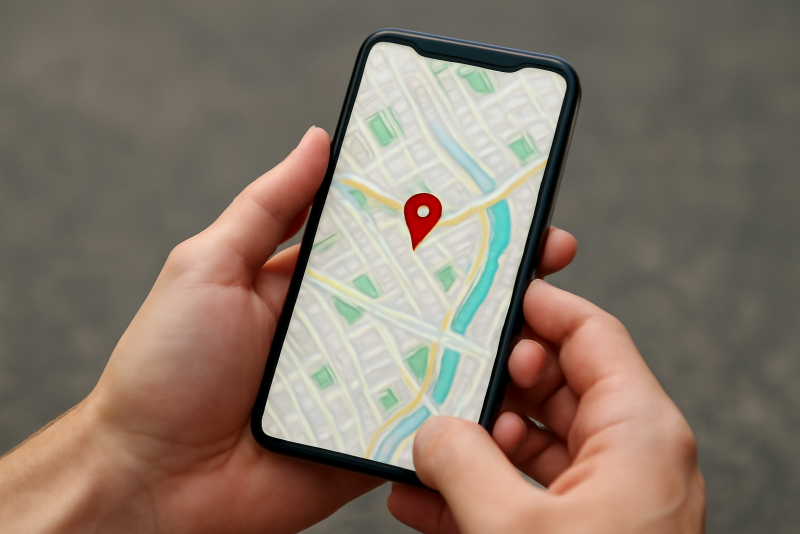 mains tenant smartphone affichant carte locale