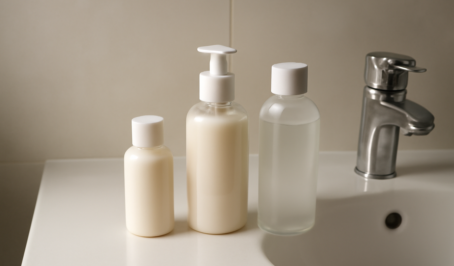 bouteilles de soin posées près d'un lavabo