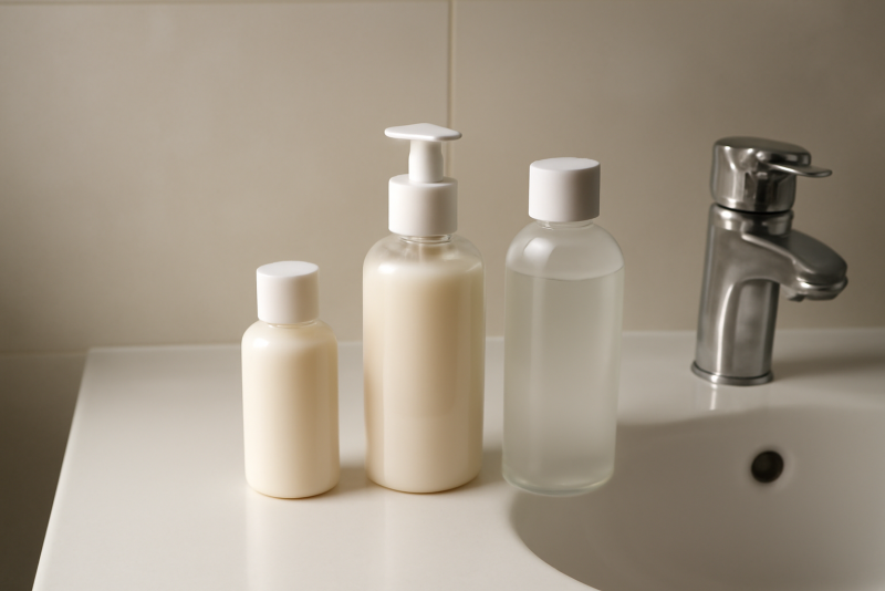 bouteilles de soin posées près d'un lavabo