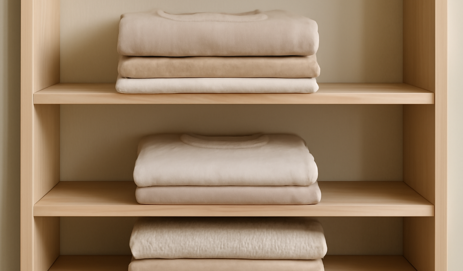 vêtements neutres pliés sur étagère minimaliste