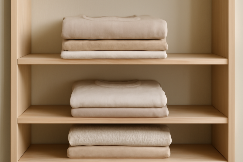 vêtements neutres pliés sur étagère minimaliste