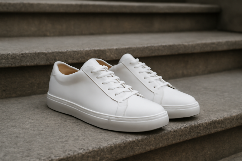 paire de sneakers minimalistes posée sur marches