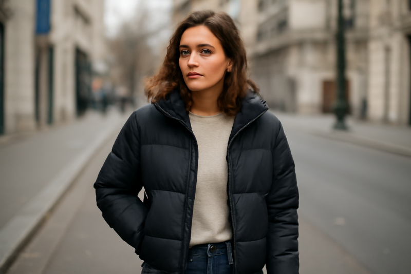 femme portant un blouson dans la rue