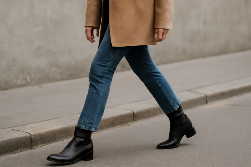 femme marchant en bottines sur trottoir