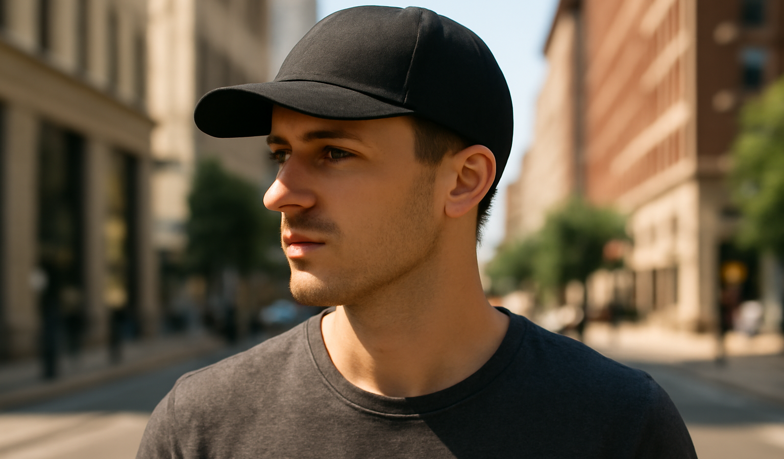 personne portant casquette en ville au soleil