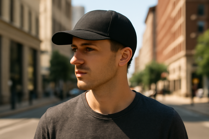 personne portant casquette en ville au soleil