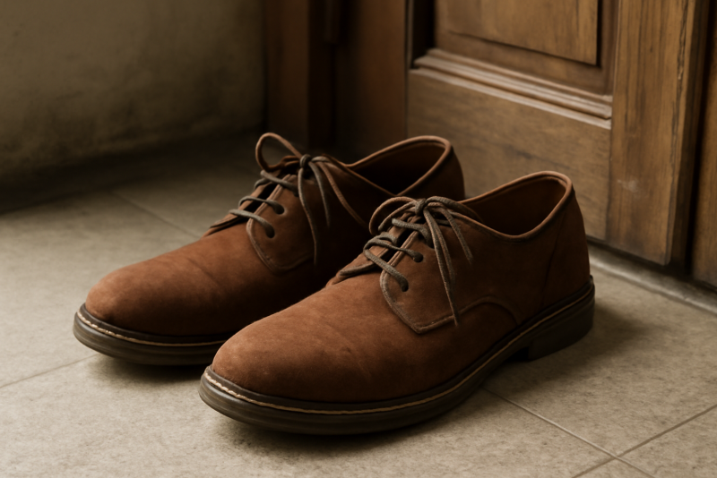 paire de chaussures posee pres d'une porte
