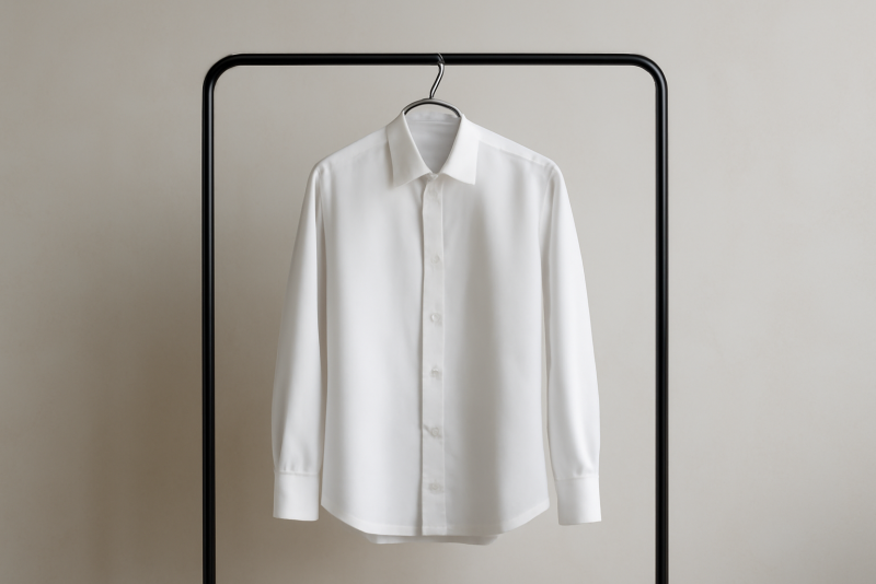 chemise blanche accrochee sur portant minimal