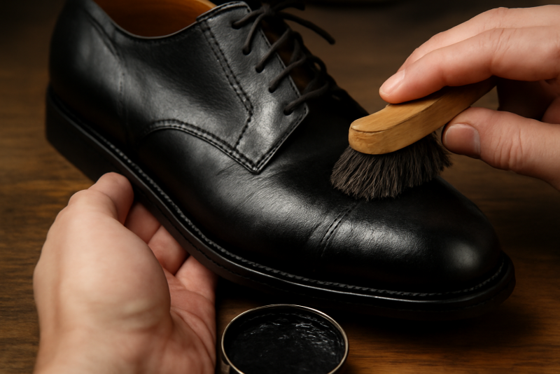mains appliquant cirage sur chaussure en cuir