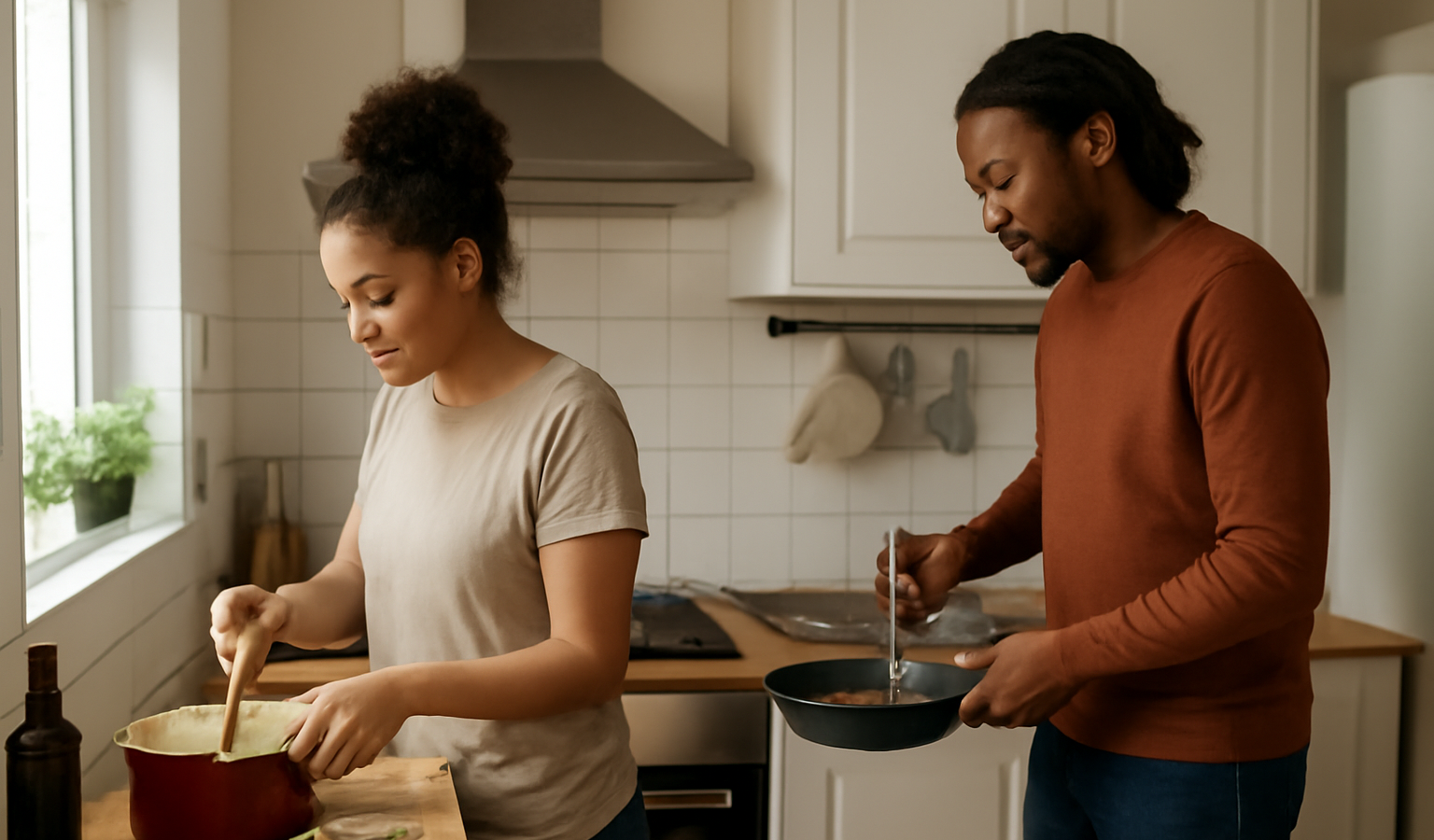 deux personnes partageant cuisine petit appartement