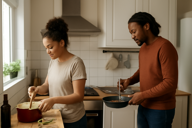 deux personnes partageant cuisine petit appartement