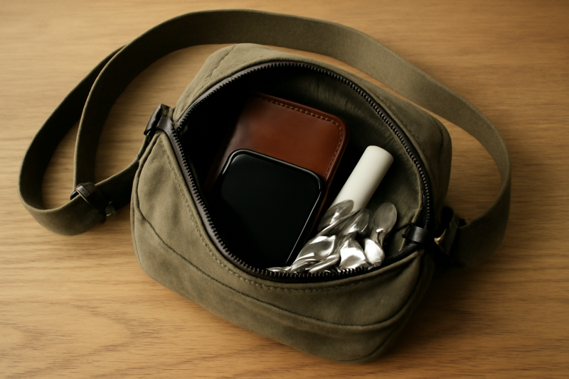 sac bandoulière ouvert avec essentiels visibles