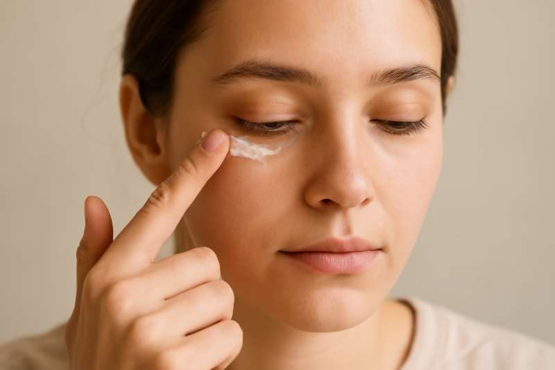 personne appliquant un soin yeux avec index