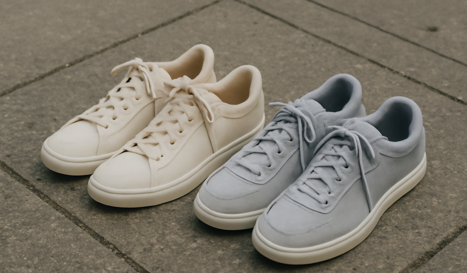 deux paires de baskets posées sur trottoir