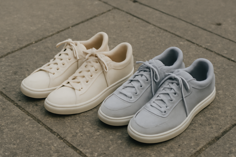deux paires de baskets posées sur trottoir