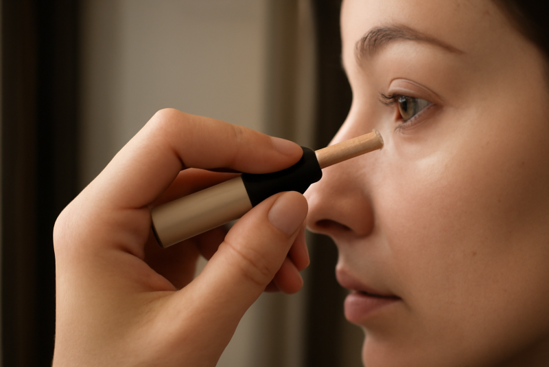 main appliquant correcteur sous oeil devant miroir