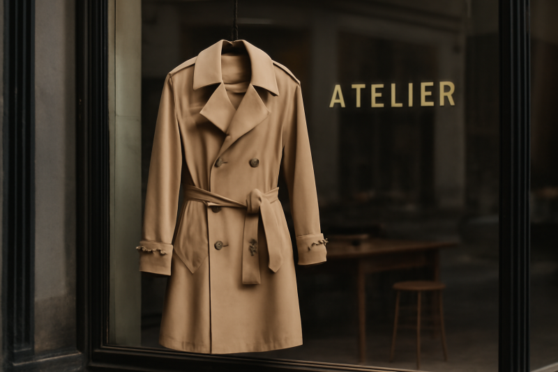 trench suspendu devant vitrine atelier