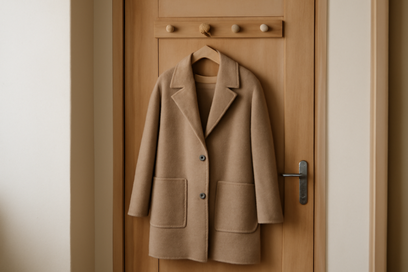 manteau pendu sur porte manteau en entrée