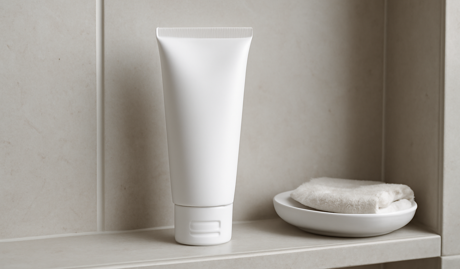tube de crème posé sur étagère de salle de bain