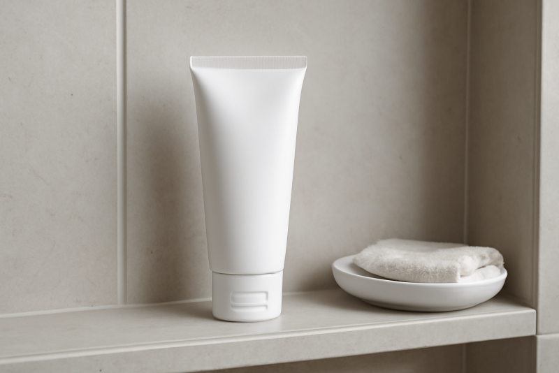tube de crème posé sur étagère de salle de bain